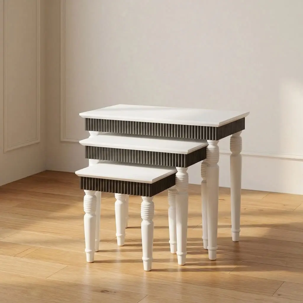 Modern Nesting Table Set in white with dark fluted aprons and hand-turned spindle legs set on a light wood floor.