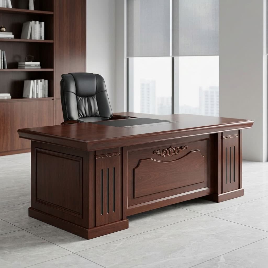 2m Mahogany Executive Desk with black leatherette writing pad and carved modesty panel set on a concrete floor.