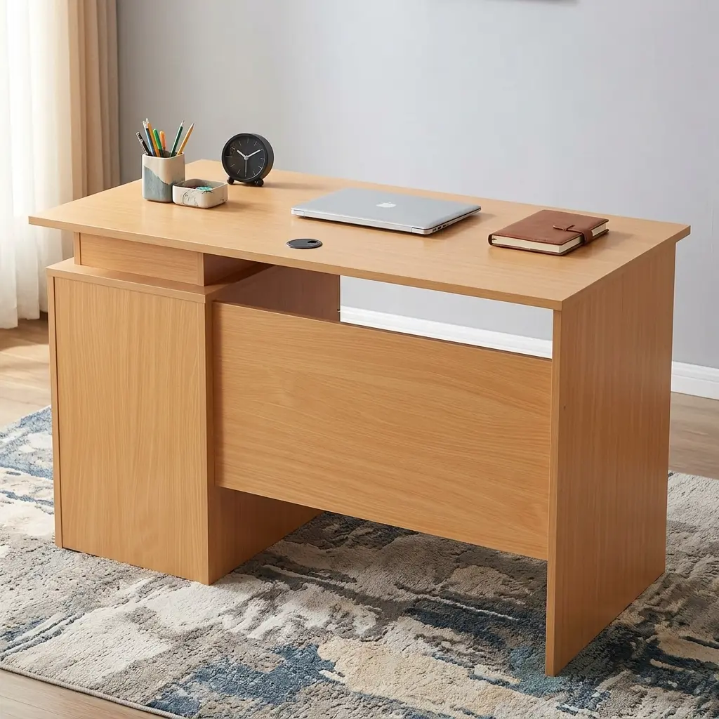 Single Pedestal Study Desk in natural light oak finish with integrated 3-drawer lockable pedestal set on an ornate grey pattern rug.