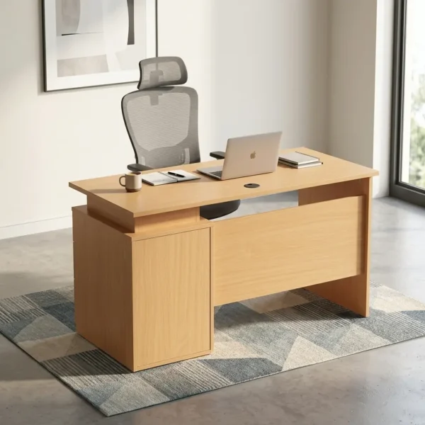 Elite Linear Office Desk in natural light oak wood finish with a side storage cabinet and laptop setup.
