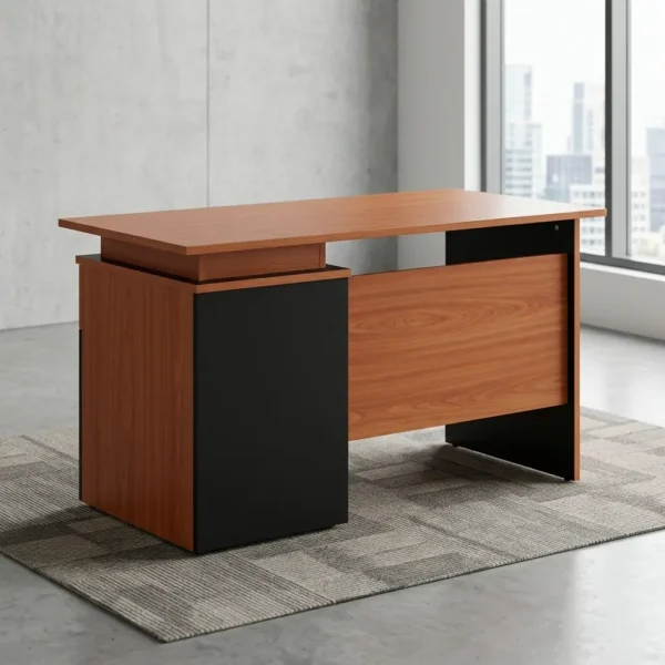 Wooden Manager Office Desk in natural teak laminate with matte black side pedestal cabinet and floating desktop design.