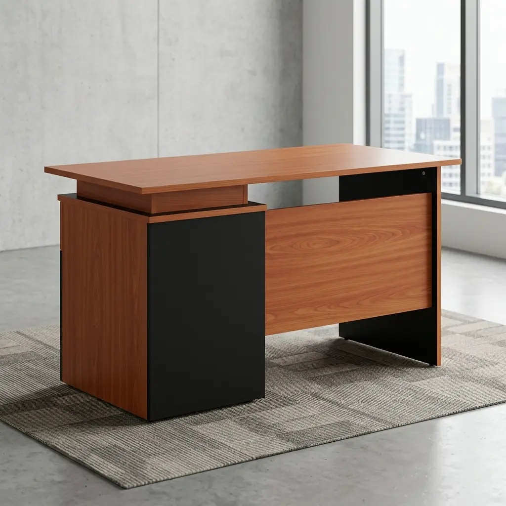 Wooden Manager Office Desk in natural teak laminate with matte black side pedestal cabinet and floating desktop design.