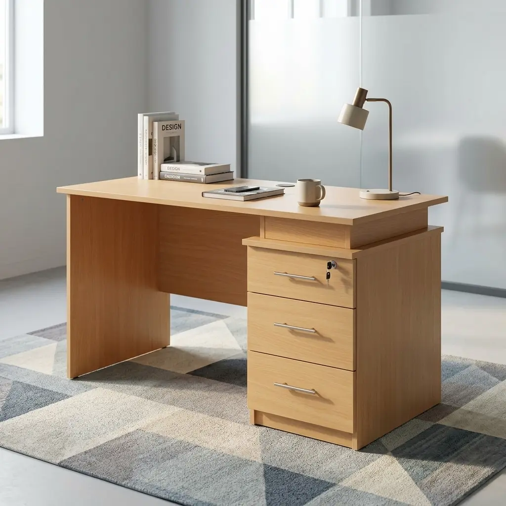 1.2M Office Desk With Pedestal in light oak finish with lockable 3-drawer storage unit set on a geometric rug.