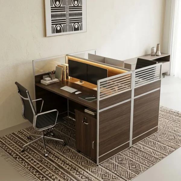 2-Way Office Workstation Desk in dark walnut with privacy partitions, frosted glass panels, desktop computer, and task chair set on a rug.