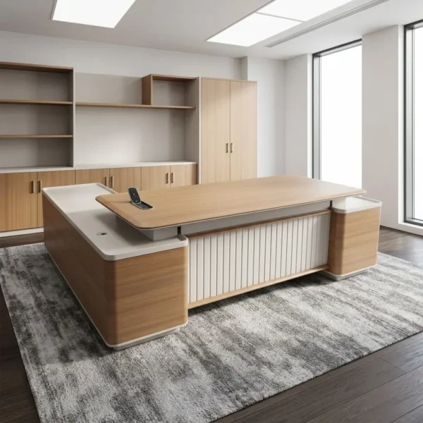 2.4m Executive Office Desk in light oak finish with white fluted front panel and dual side pedestal cabinets set on a geometric rug.