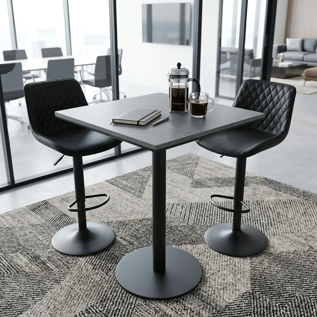 Modern High Bar Table Set with square grey marble top table and two black diamond-quilted bar stools set on a carpet.
