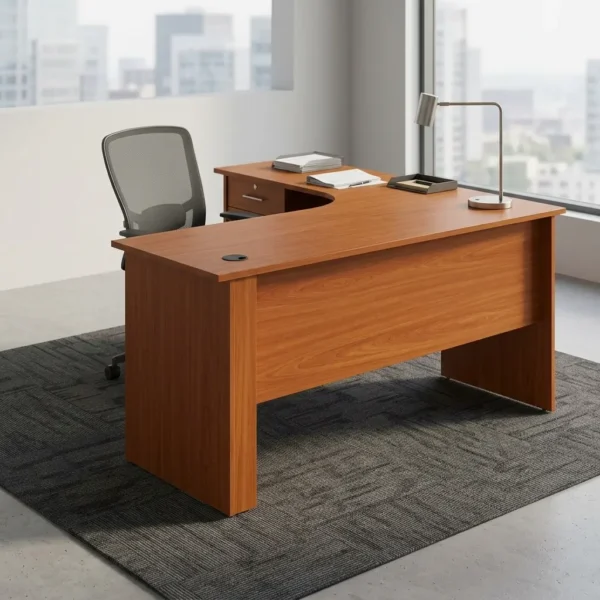 1.2m Curved Office Desk in natural cherry wood finish with built-in lockable drawer pedestal set on a beige rug.