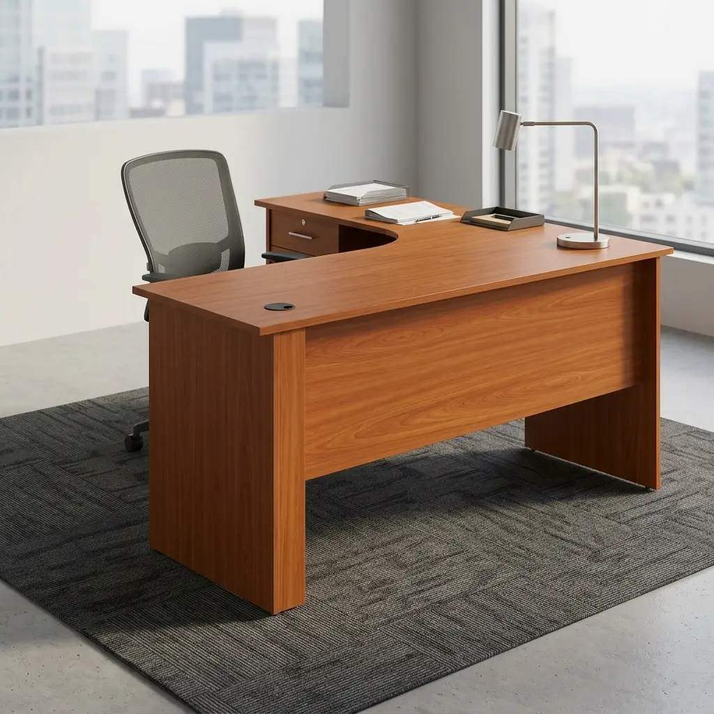 1.2m Curved Office Desk in natural cherry wood finish with built-in lockable drawer pedestal set on a beige rug.