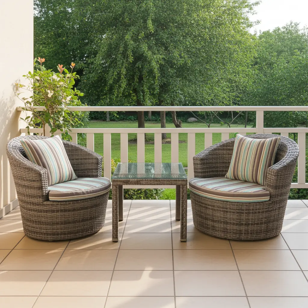 Outdoor Rattan Bistro Set with two grey wicker barrel chairs and a square glass coffee table on a wooden deck overlooking water.