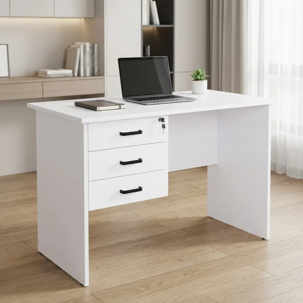 1.2m Three Drawer Desk in clean white melamine with three side drawers set on a light wood floor.