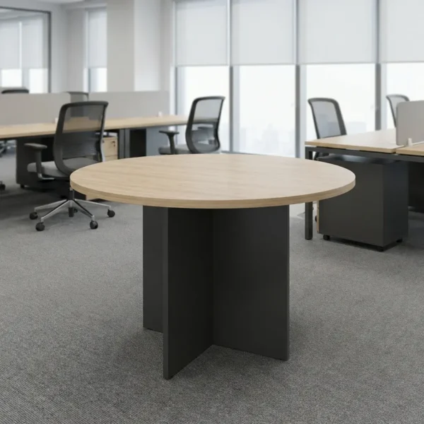 1.4M Modern Conference Table in light oak with charcoal grey cross-panel pedestal base set in a boardroom.