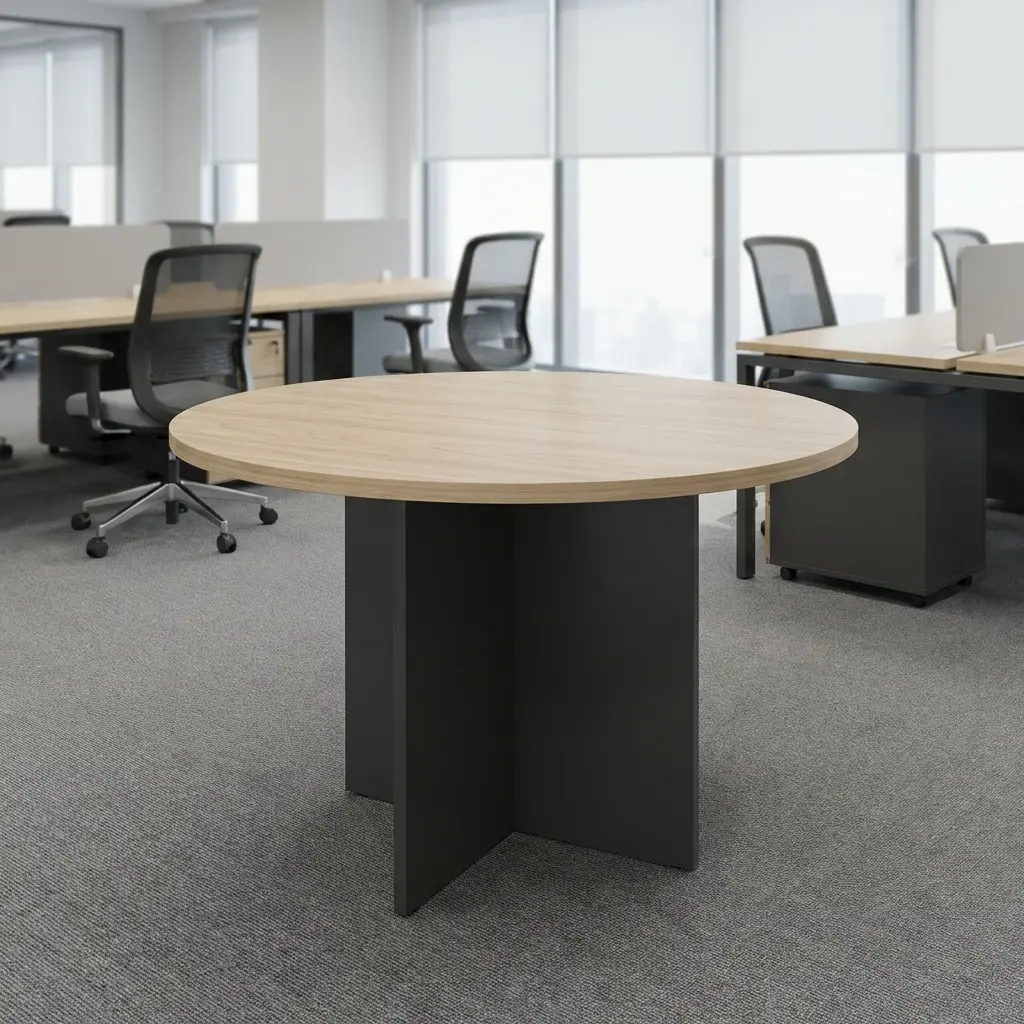 1.4M Modern Conference Table in light oak with charcoal grey cross-panel pedestal base set in a boardroom.