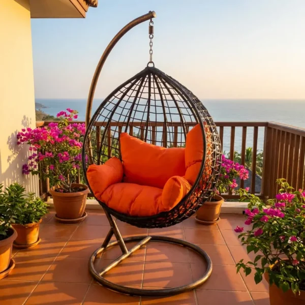 Outdoor Rattan Hanging Egg Chair with bright orange cushions on a sunny balcony setting overlooking a city skyline.