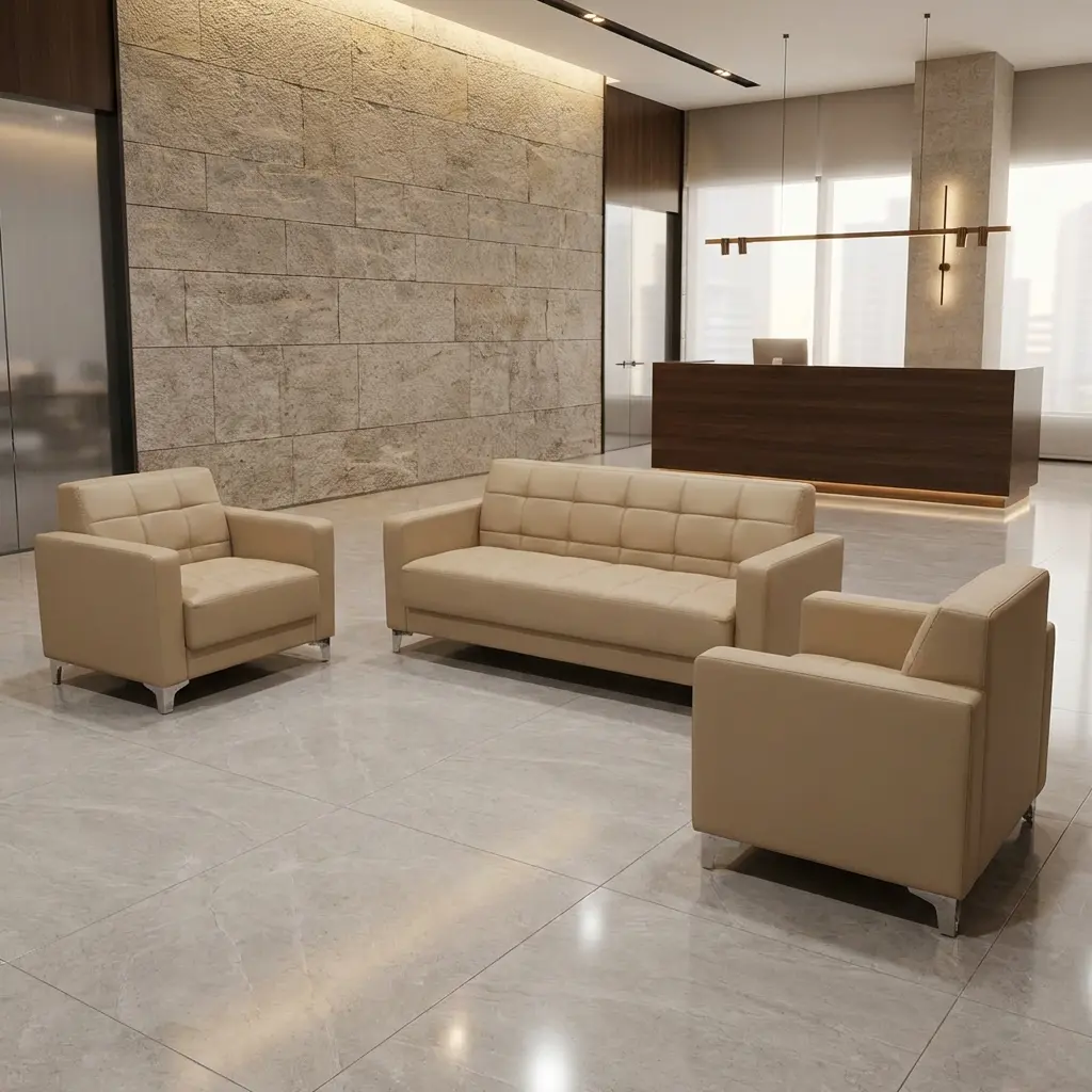 5-Seater Beige Tufted Sofa set featuring a 3-seater couch and two single armchairs in beige leatherette set around a glass coffee table in a modern reception lobby.