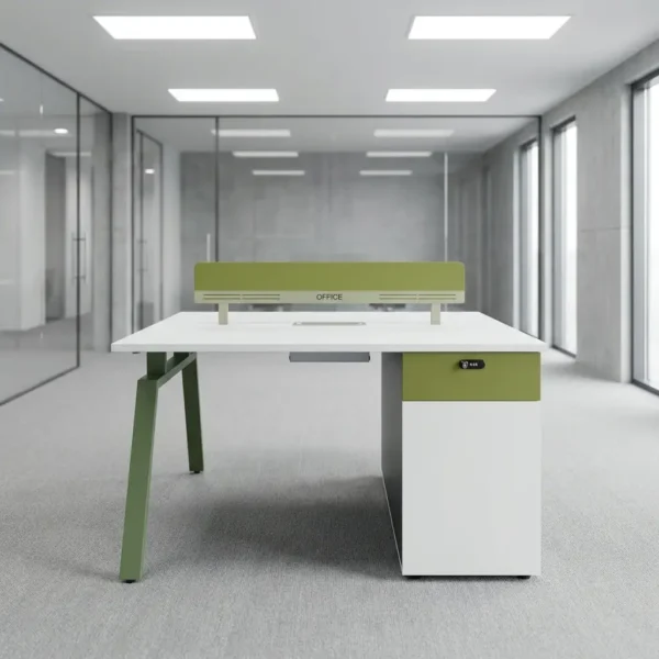 Dual Sided Office Workstation in white and olive green with central divider screen and digital combination lock storage pedestal.