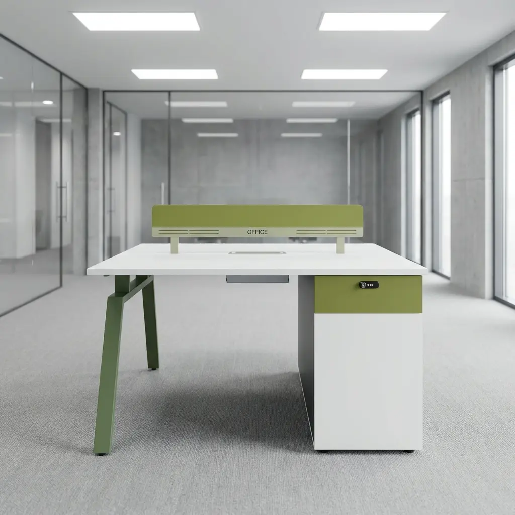 Dual Sided Office Workstation in white and olive green with central divider screen and digital combination lock storage pedestal.