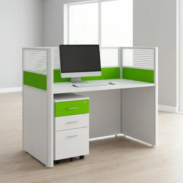 Professional Office Workstation Desk in white with green privacy screen panels and a computer monitor set in an office.