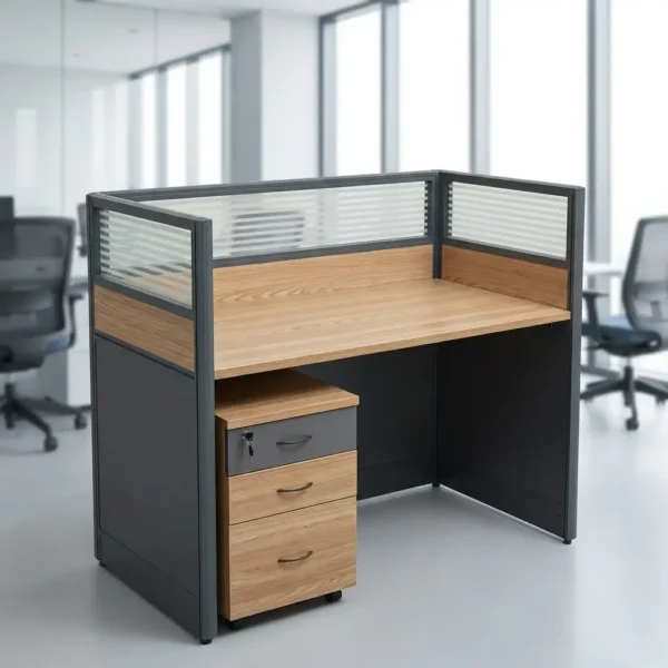Premium Modular Office Workstation in oak and charcoal with frosted glass privacy screens and mobile pedestal.