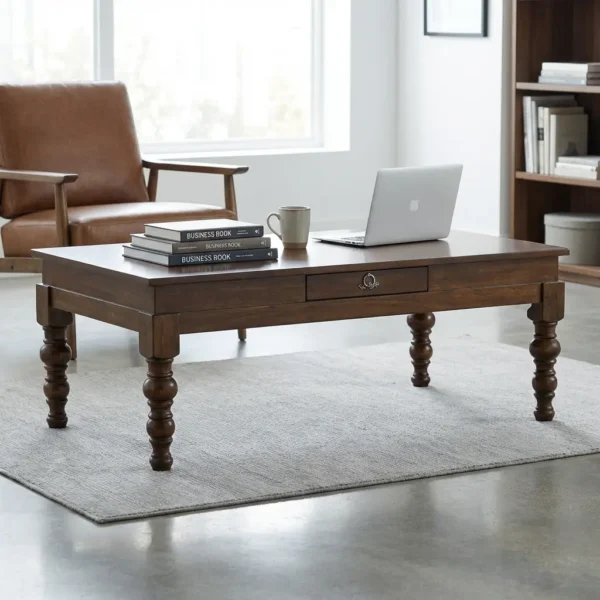 Wooden Living Room Table in chestnut finish with hand-turned carved legs and storage drawer set on an area rug.
