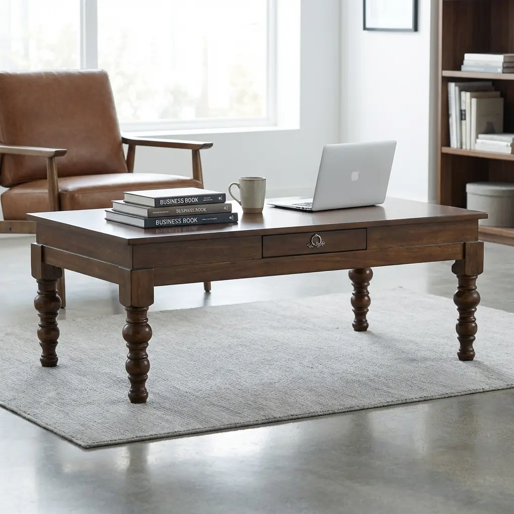 Wooden Living Room Table in chestnut finish with hand-turned carved legs and storage drawer set on an area rug.