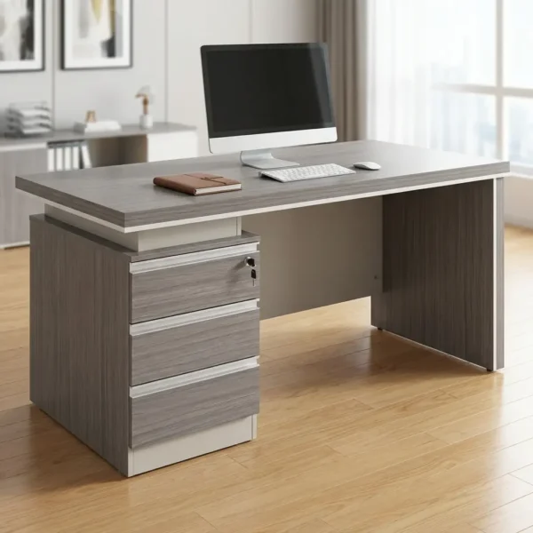 1.4m Premium Executive Desk in weathered grey oak finish with integrated three-drawer pedestal on a light wood floor.