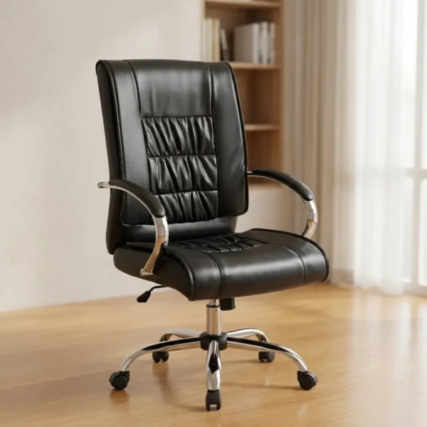 Padded Leather Desk Chair in black leather with pleated cushioning and polished chrome base set on a light wood floor.