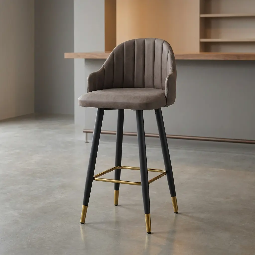 Gold Accent Bar Stool in taupe channel tufted velvet with matte black steel legs and gold footrest set in a modern bar lounge.