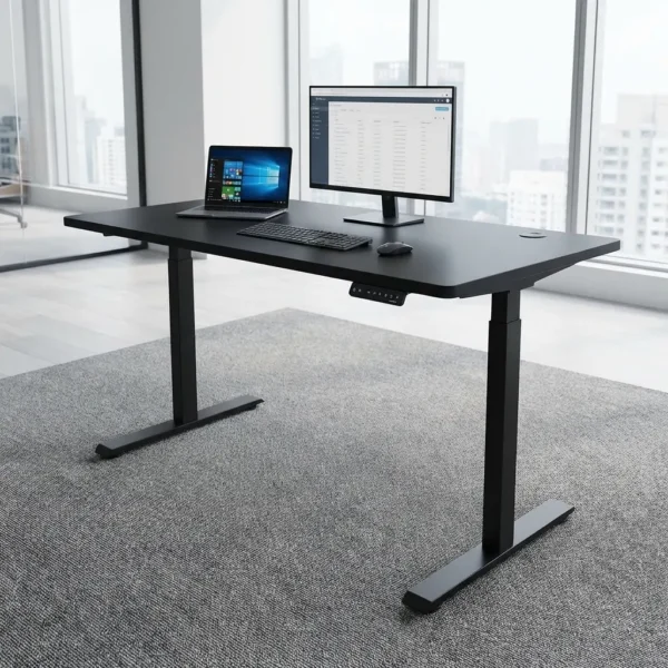 1.4m Adjustable Height Desk in matte black with electric standing leg base on a textured grey carpet.