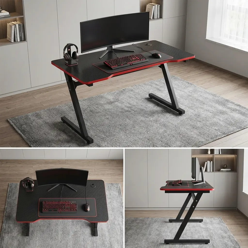 Z Shaped Gaming Table in black carbon-fiber texture with red edge trim and black steel Z legs set in a modern study room.
