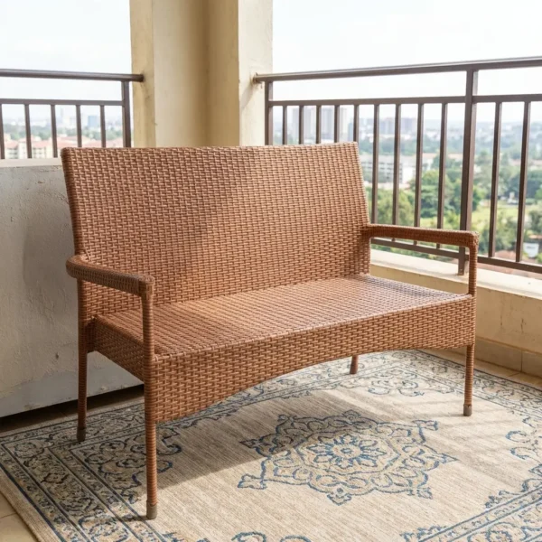 Outdoor Brown Rattan Bench in warm synthetic wicker weave set on a patterned rug on a resort balcony overlooking the ocean.