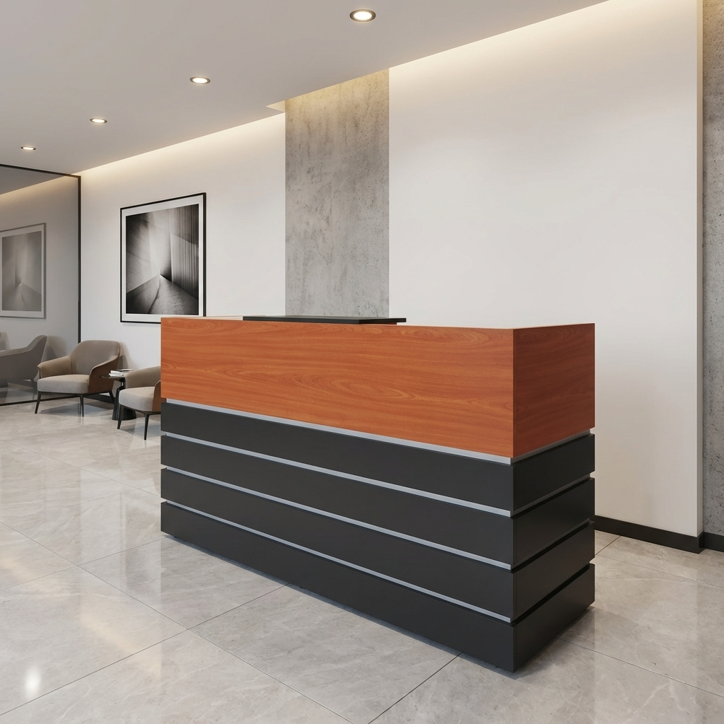 Two-tone 2M Modern Reception Desk in a corporate lobby featuring a natural wood top counter and charcoal slatted base with metallic trim.