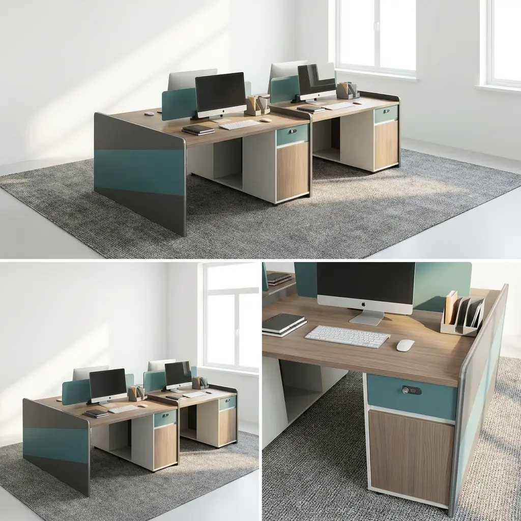Four Person Cluster Desk in light oak finish with central privacy screens and teal side panels on a grey carpeted floor.