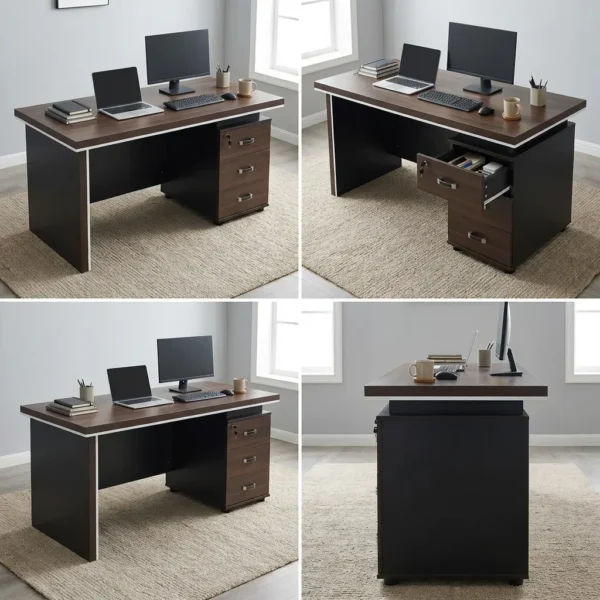 1.2m Pedestal Office Desk in dark espresso wood finish with integrated three-drawer pedestal on a patterned rug.