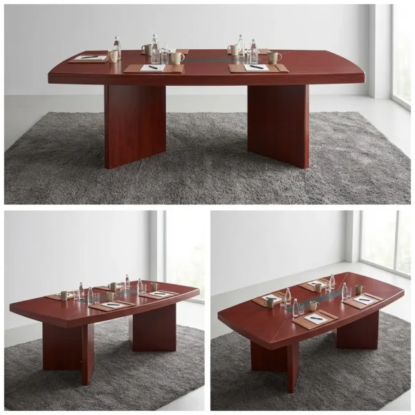 2.4m Commercial Meeting Desk in mahogany wood finish with central leatherette cable tray set on a patterned carpet.