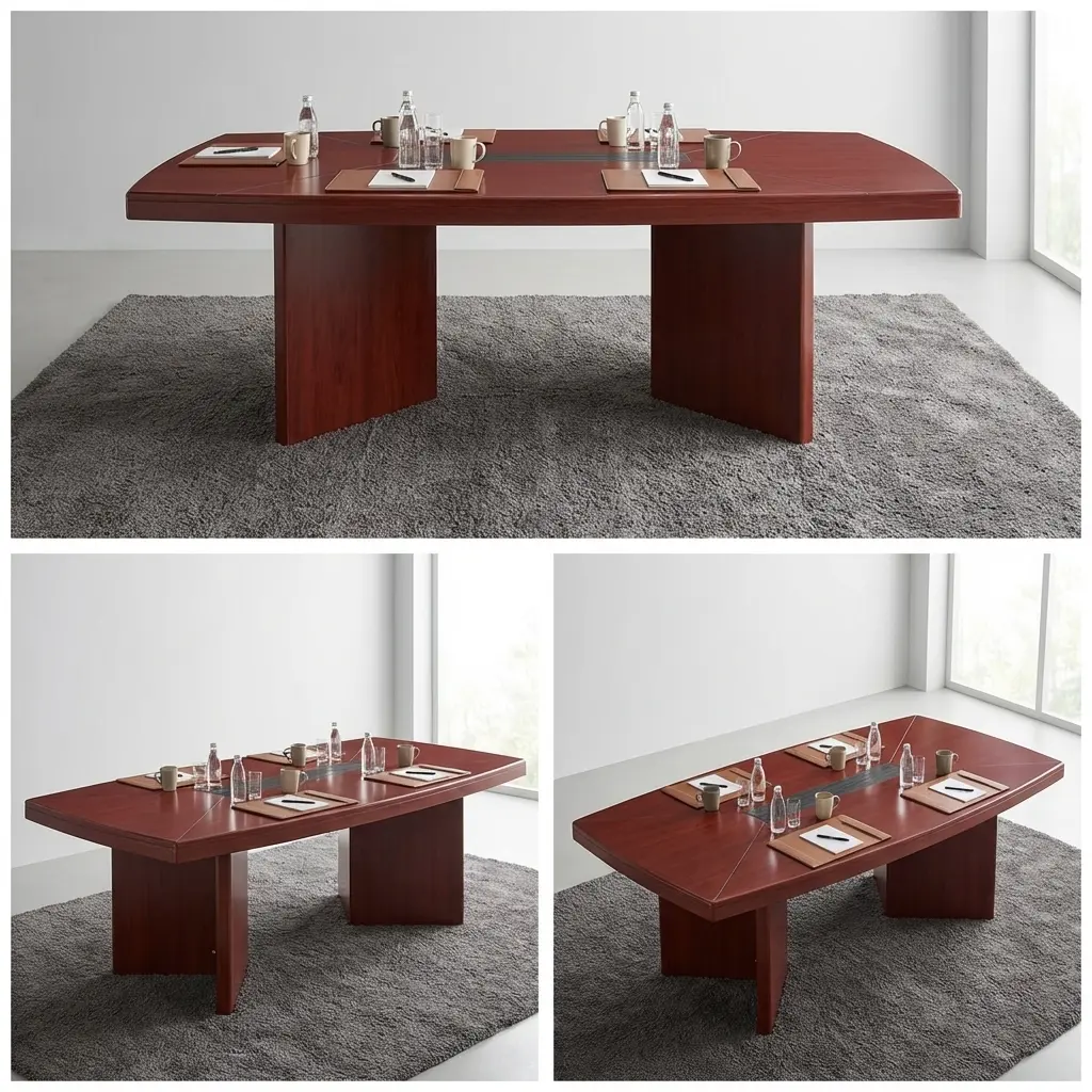 2.4m Commercial Meeting Desk in mahogany wood finish with central leatherette cable tray set on a patterned carpet.