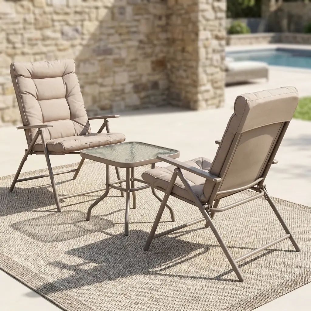 Outdoor Reclining Bistro Set with two taupe cushioned reclining chairs and a square glass side table set on a balcony rug.