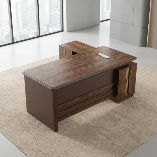 1.8m Luxury CEO Desk in dark roasted walnut with leather writing pad, gold accents, and side storage credenza on a rug.