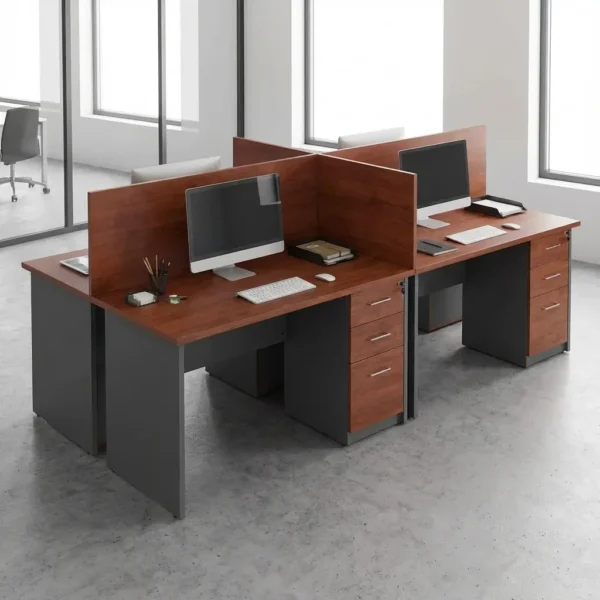 4-Person Cubicle Office Desk in cherry and charcoal finish with privacy divider screens and individual 3-drawer pedestals set on concrete floor.