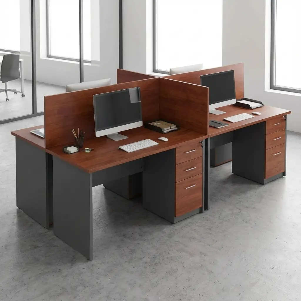 4-Person Cubicle Office Desk in cherry and charcoal finish with privacy divider screens and individual 3-drawer pedestals set on concrete floor.