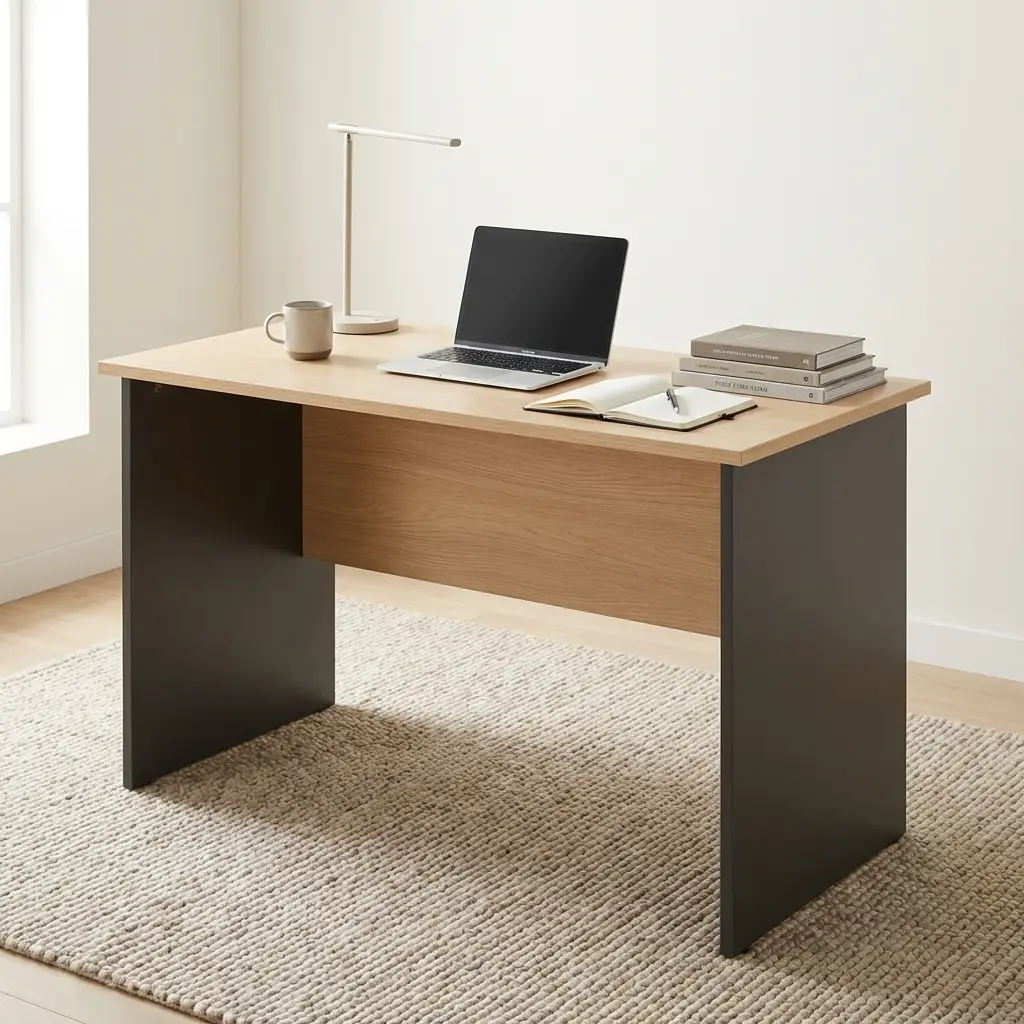 1.4m Office Computer Desk in light oak finish with charcoal side panels on a textured beige rug.