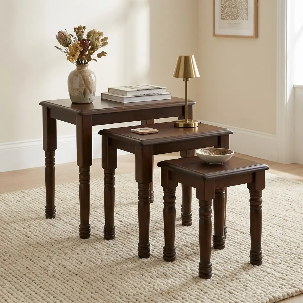 Classic Wooden Nesting Tables set of 3 in dark walnut finish with turned legs on a textured area rug.