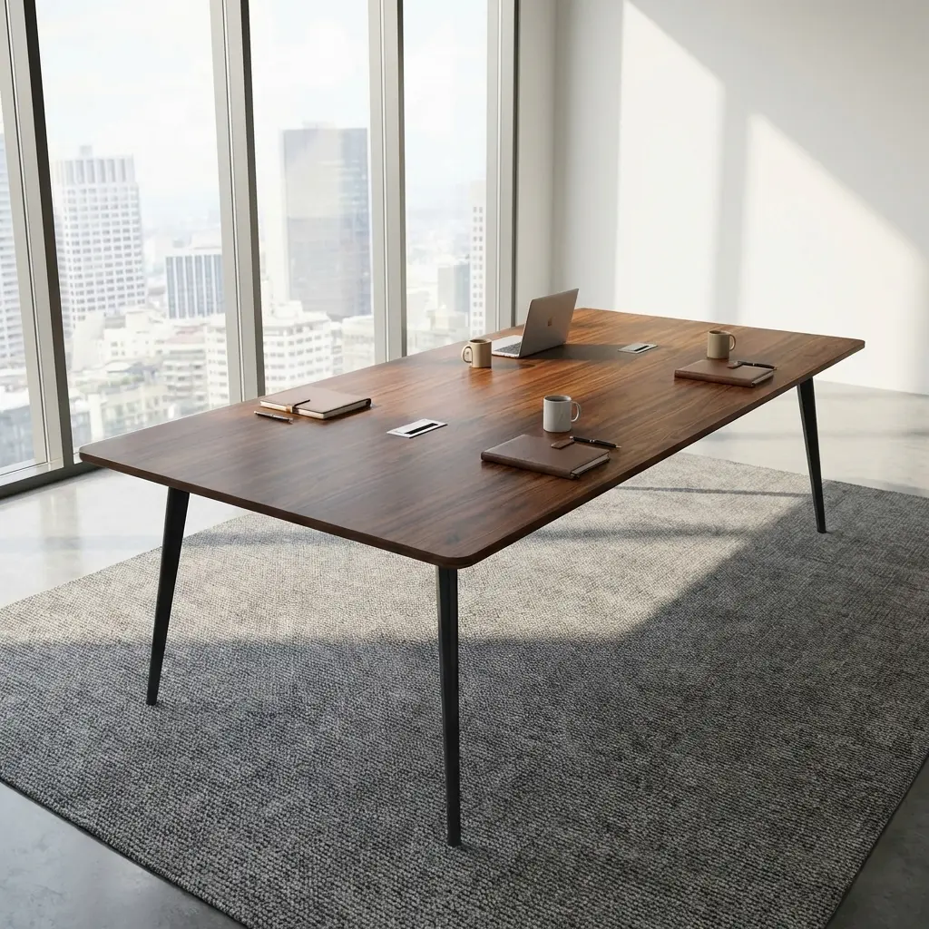 2.4m Modern Meeting Table in walnut wood finish with black metal legs and dual cable grommets set on a grey rug.