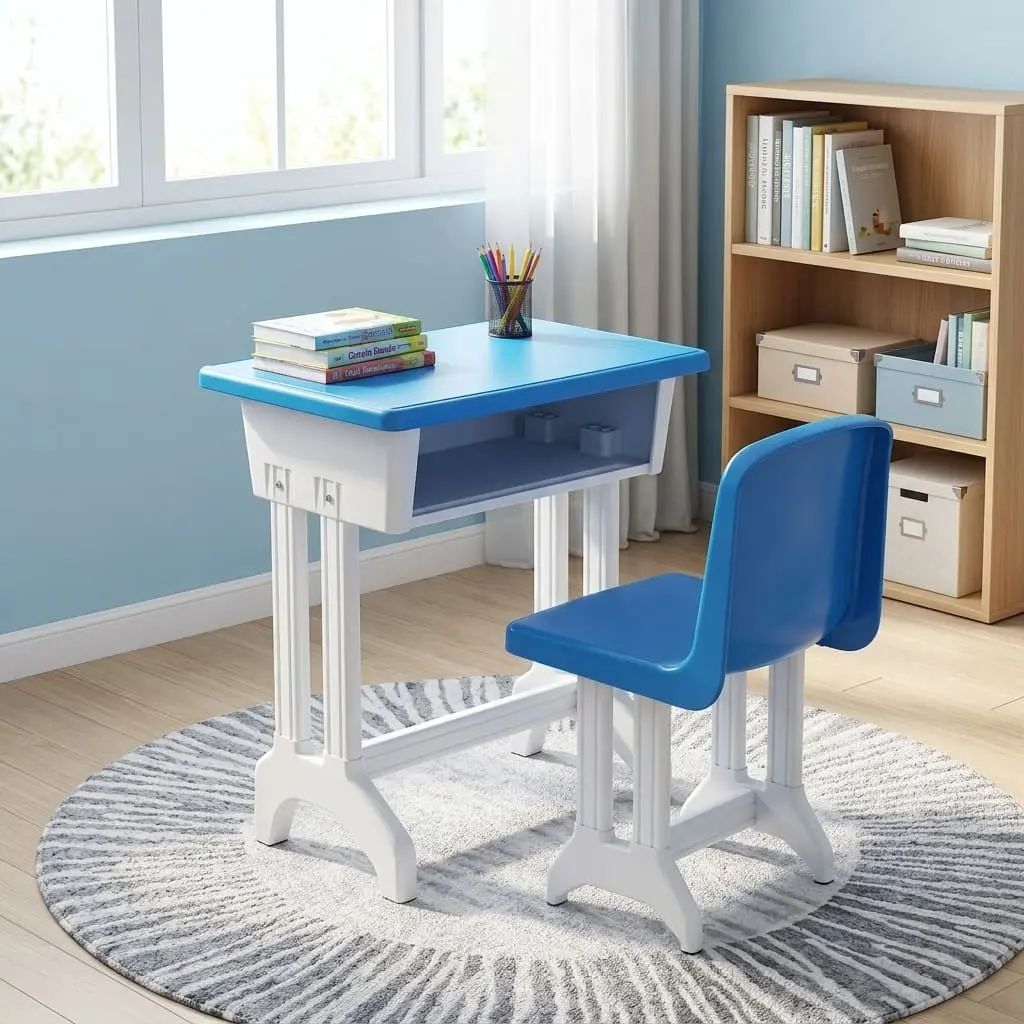 Classic Blue Educational Desk and matching blue chair with a white steel frame in a bright study room setting.