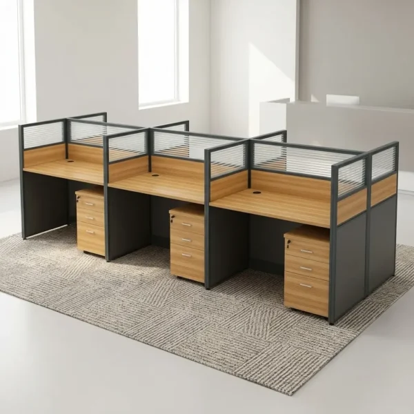 6-Way Modular Office Workstation featuring natural woodgrain tops, dark charcoal privacy screens with glass tops, and black task chairs.