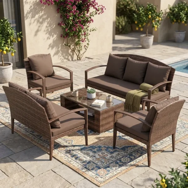 Modern Wicker Patio Furniture 6-piece outdoor sofa set in brown synthetic rattan with cushions and glass coffee table.