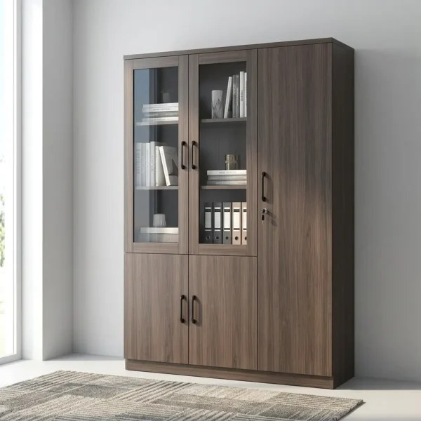 Executive Office Storage Cabinet in dark walnut wood finish with glass doors and a locking wardrobe section.