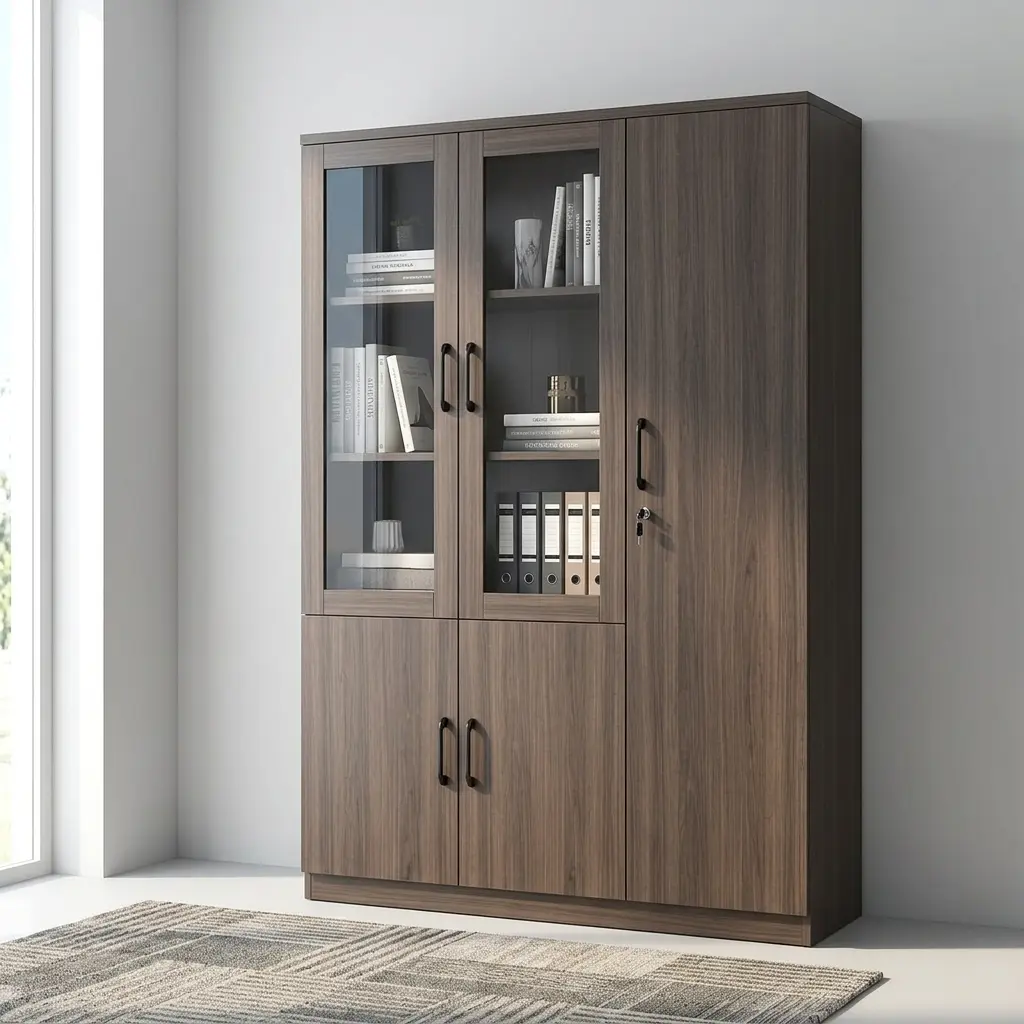 Executive Office Storage Cabinet in dark walnut wood finish with glass doors and a locking wardrobe section.