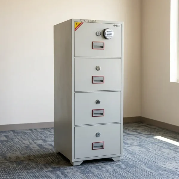 4-Drawer Diplomat Safe fireproof filing cabinet in light grey with top digital electronic keypad lock and individual key locks.