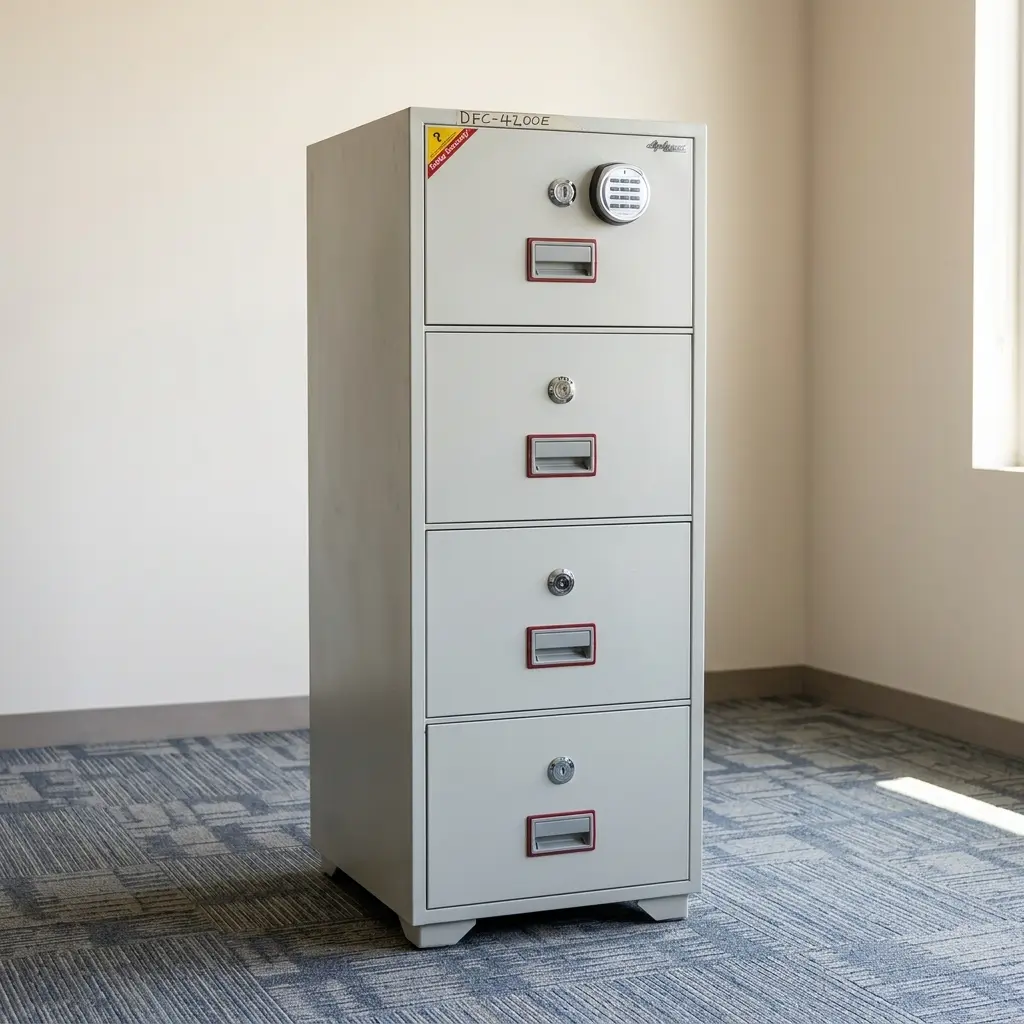 4-Drawer Diplomat Safe fireproof filing cabinet in light grey with top digital electronic keypad lock and individual key locks.