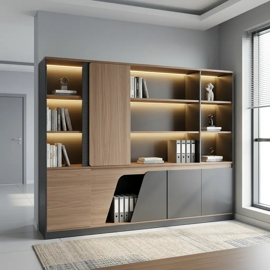 Premium Wooden Office Cabinet with oak wood veneer, dark grey storage doors, sliding panel, and open display shelves.